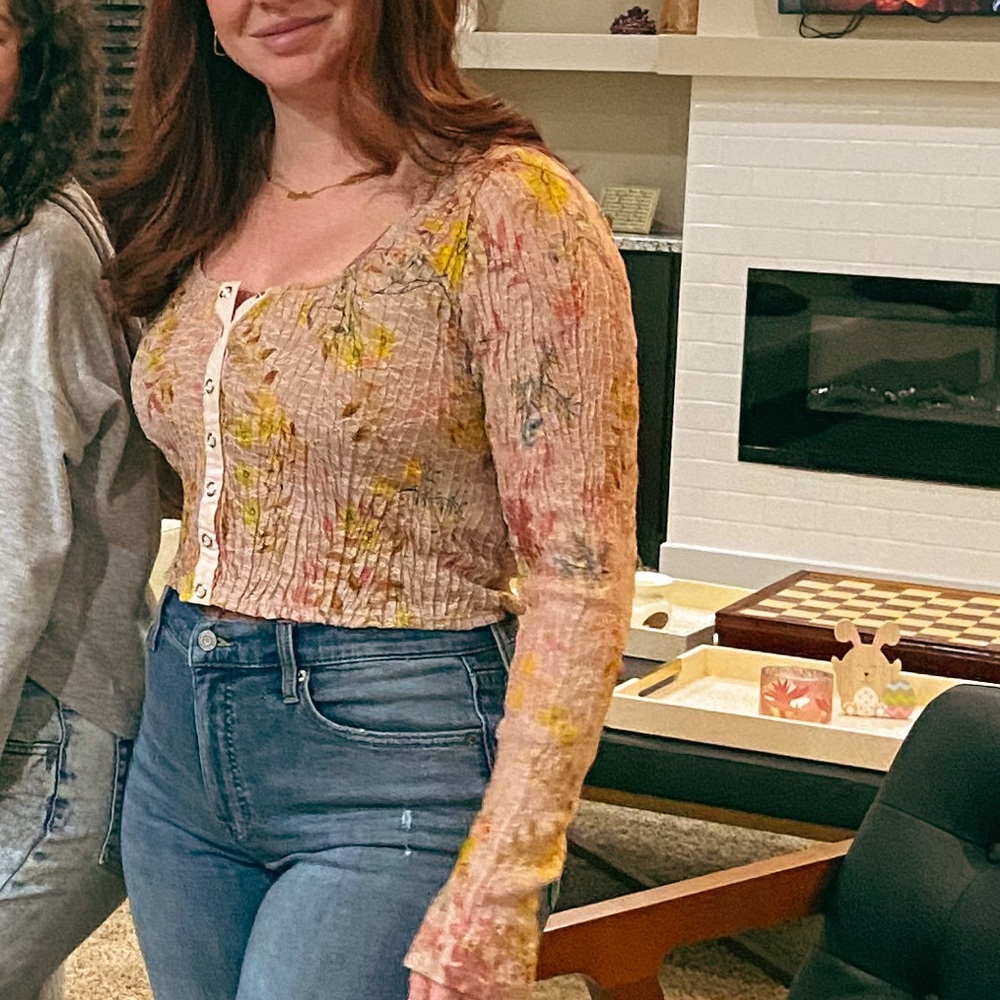 Free People Pink and Yellow Fitted Blouse